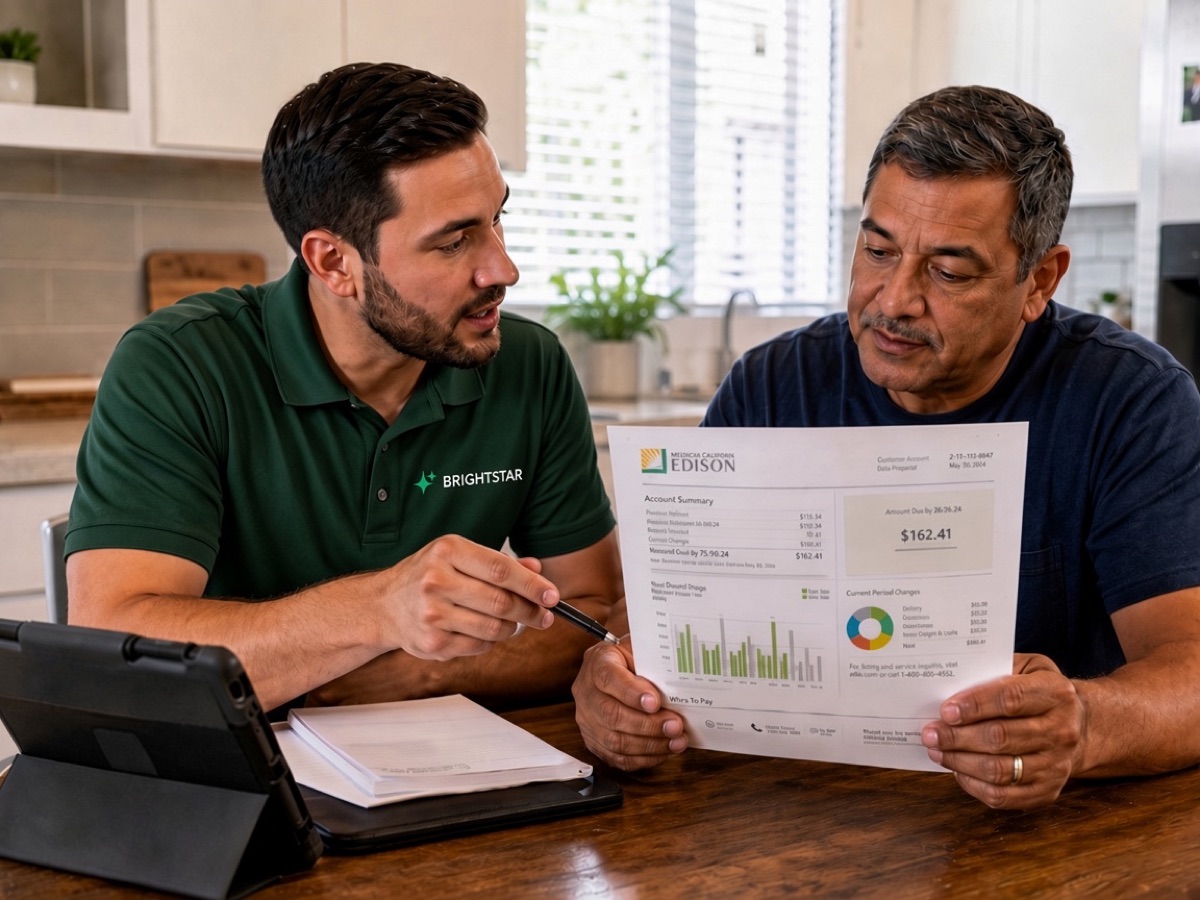 BrightStar energy specialist reviewing a homeowner's California electric bill at the kitchen table