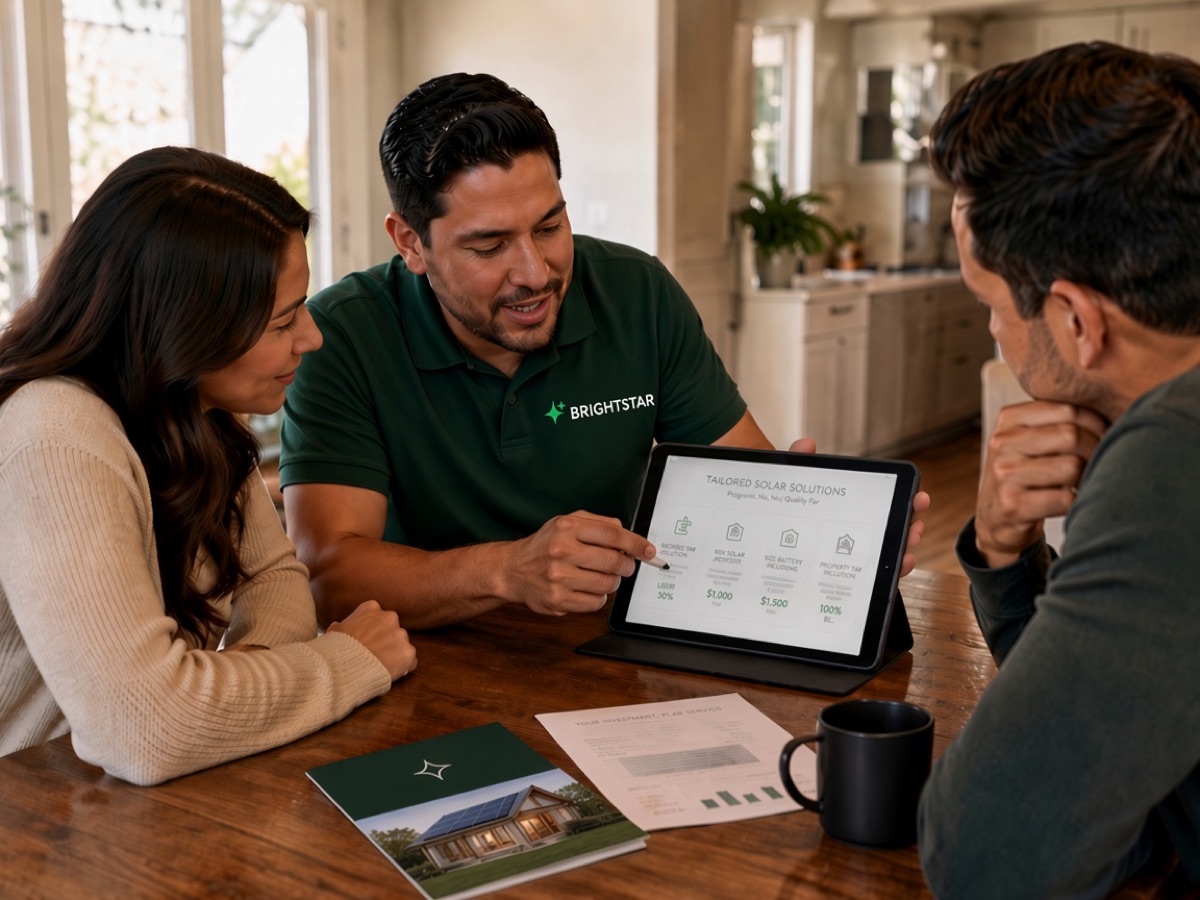 BrightStar specialist walking homeowners through their tailored energy program options on a tablet at the kitchen table