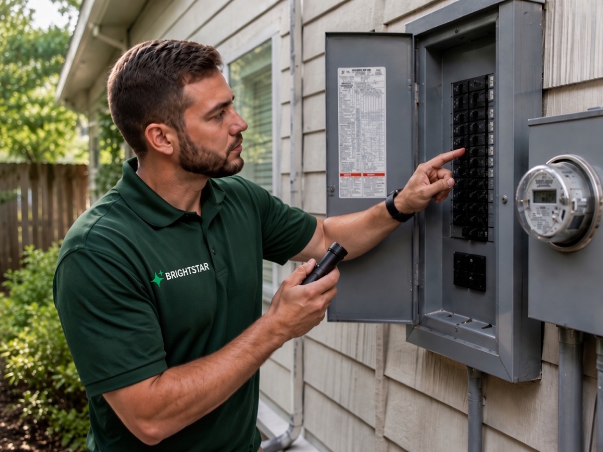 BrightStar technician inspecting a residential electrical panel during a site survey
